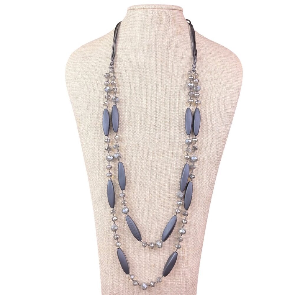 Vintage Unknown Womens Gray Glass Beaded 2-Strand Necklace Adjustable